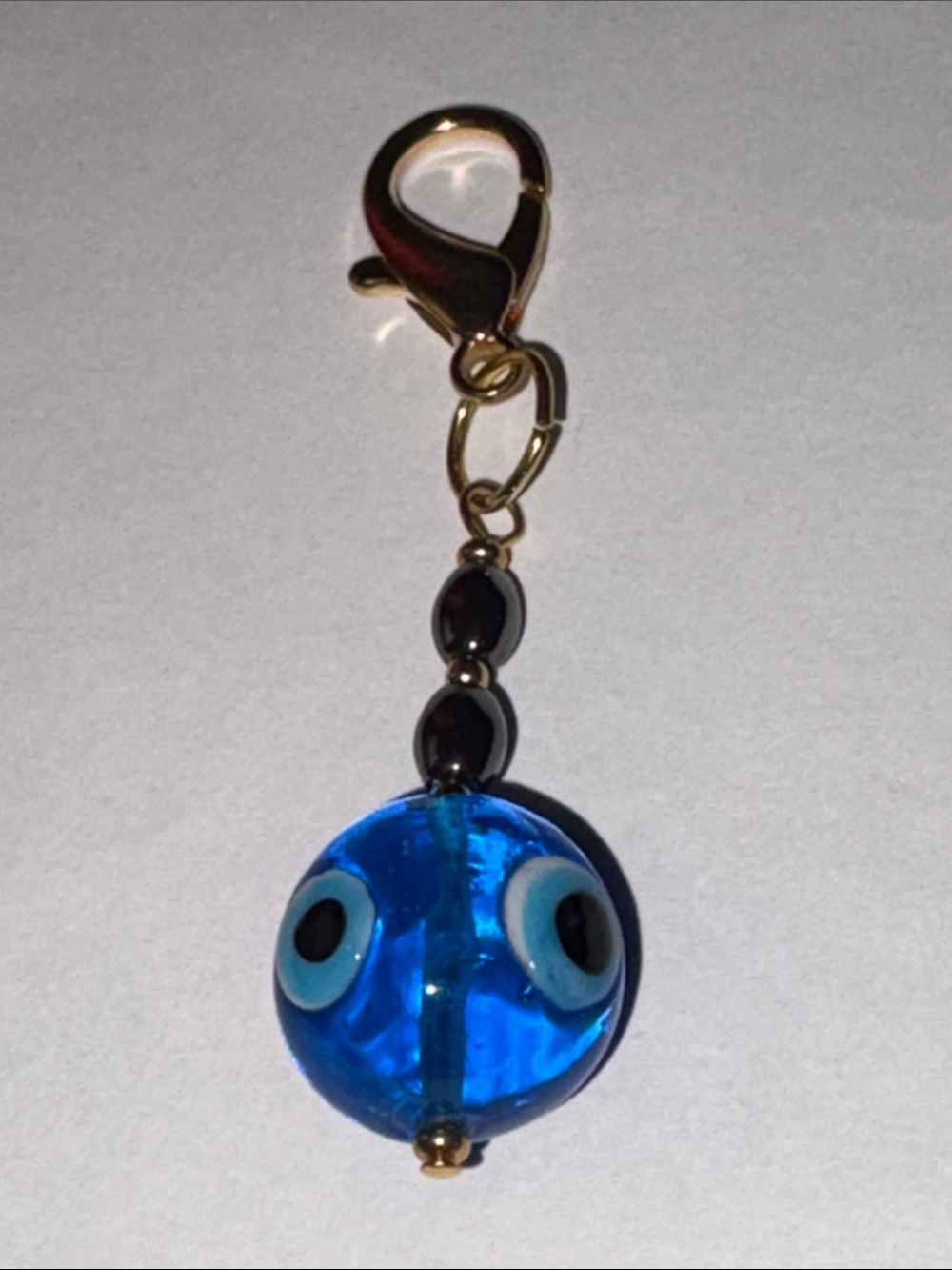 Hand Crafted Hematite Blue Evil Eye Glass Bead Keychain Purse Charm